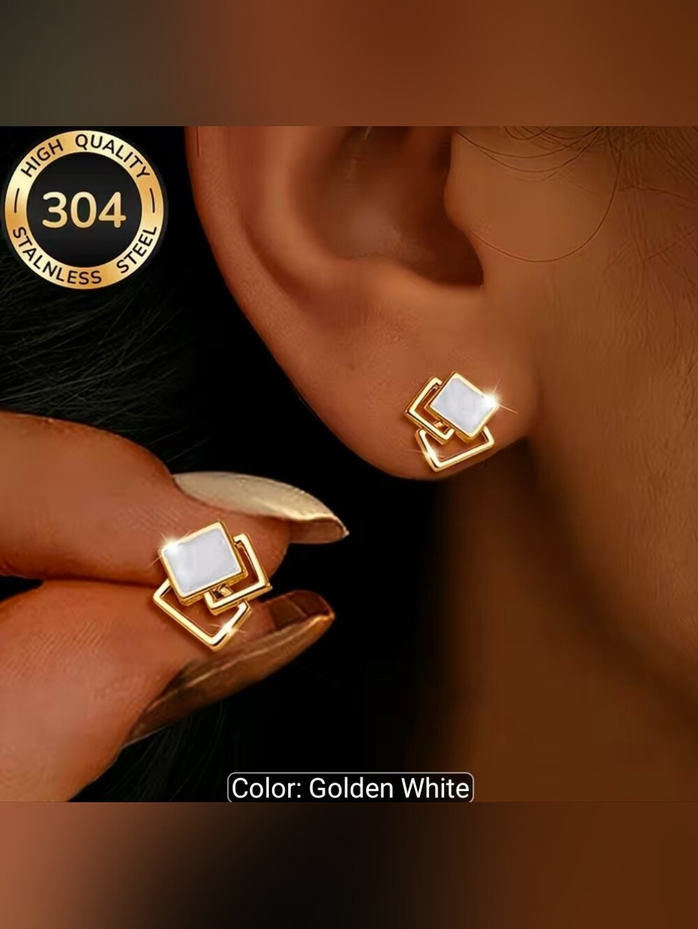 Gold Square Double-Frame Stud Earrings with White Inlay - Women Jewelry